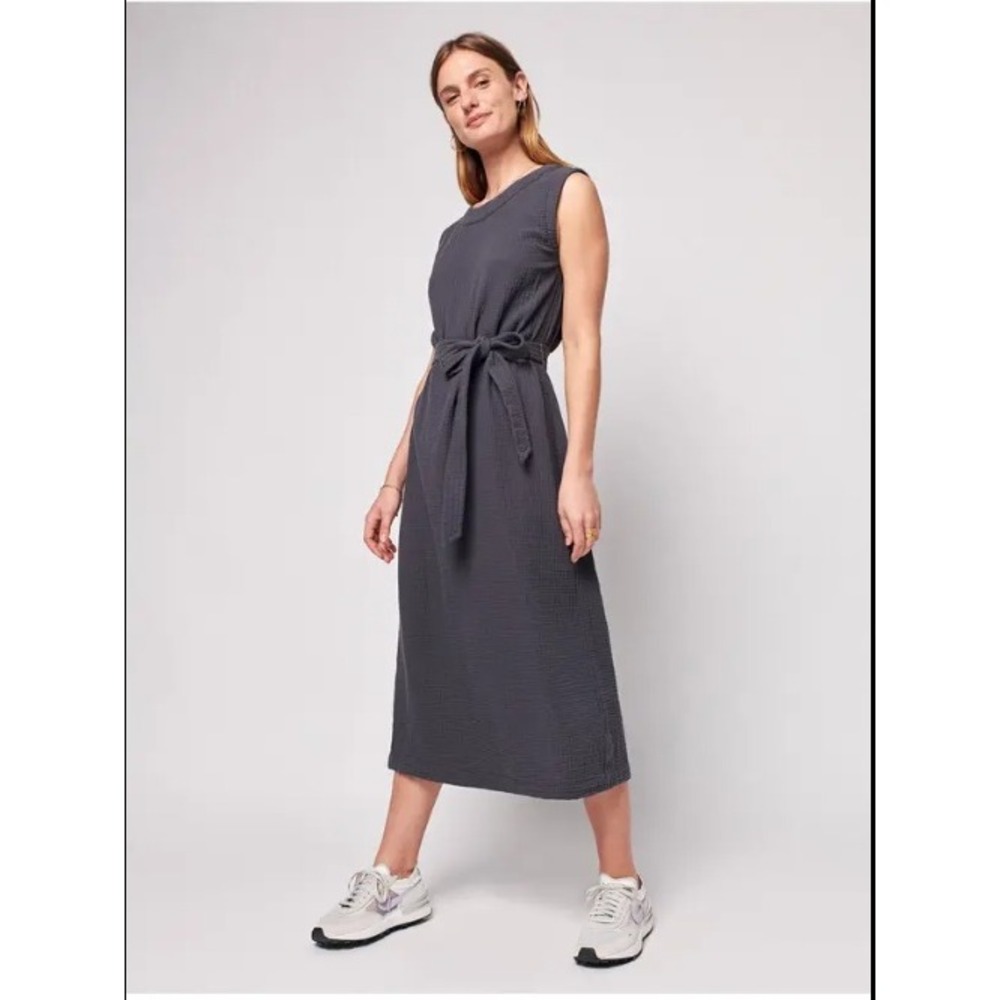 Faherty Dress Women Large Gray Dream Organic Cotton Costa Midi Sleeveless Belted - Picture 1 of 11